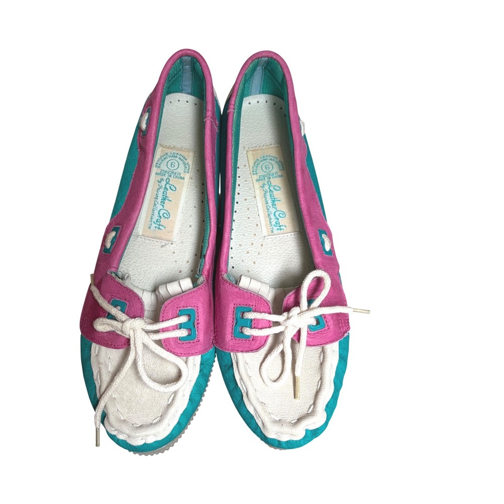 Vintage Leather Craft Private‎ Colorblock Boat Shoes Teal Pink SZ 6